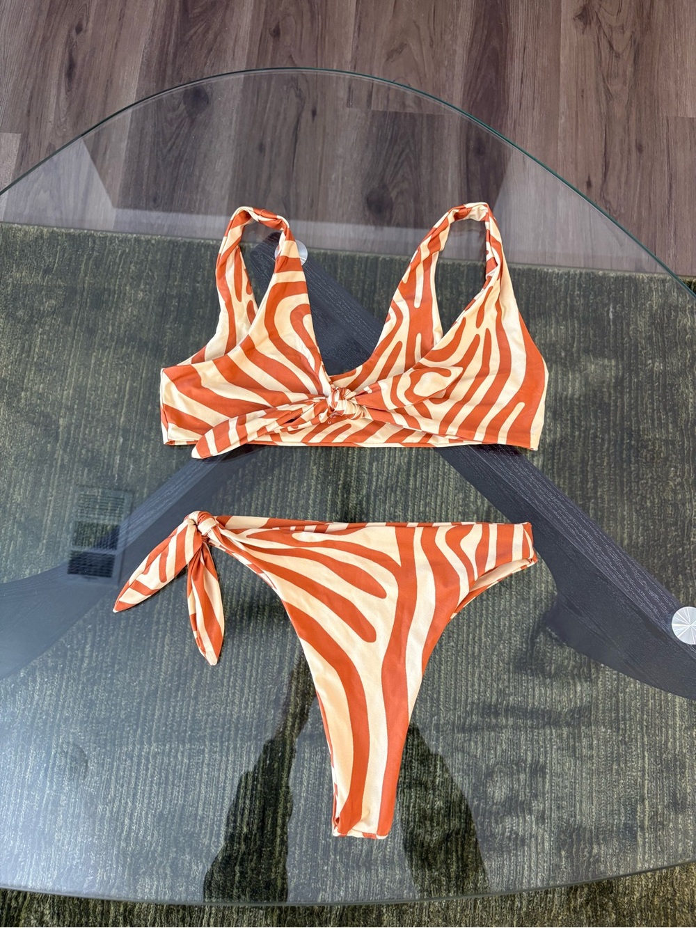 iNAMORATA Orange and Cream Zebra-Print Tie-Front Bikini Top & Side-Tie Bottom